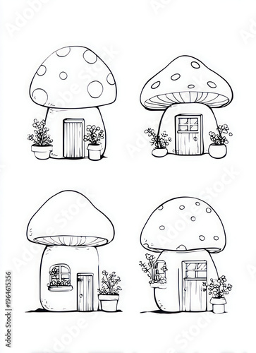 Whimsical mushroom houses illustration with fantasy garden scene