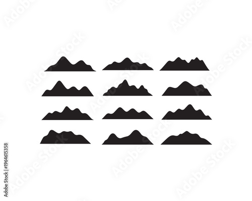 A grid of twelve black silhouette showcasing various rounded and undulating hill and mountain profiles, arranged in three rows