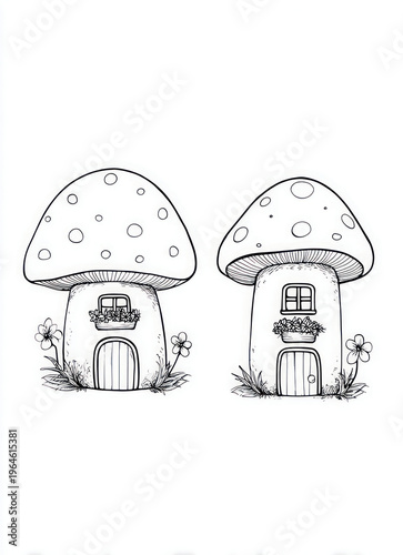 Whimsical mushroom houses illustration with fantasy garden scene