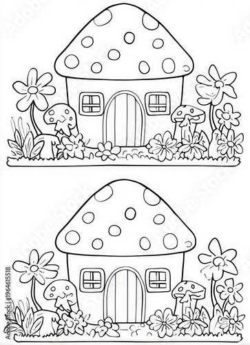 Whimsical mushroom houses illustration with fantasy garden scene