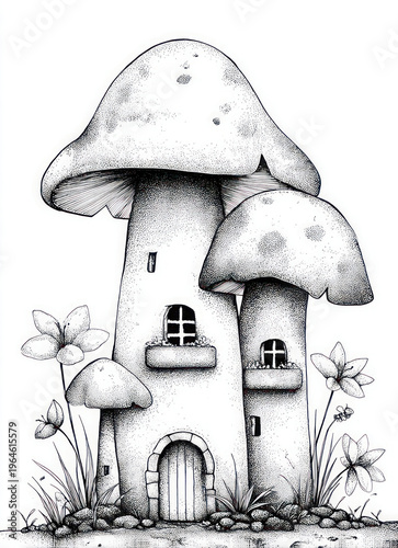 Whimsical mushroom houses illustration with fantasy garden scene