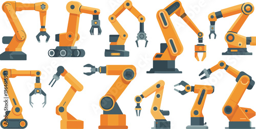 Robotic arms vector set for manufacturing automation featuring industrial robot machines and factory assembly automation technology flat design illustration