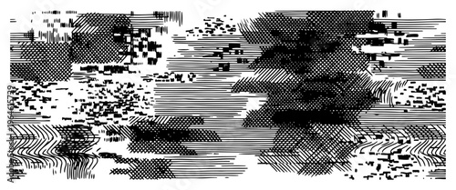 Digital glitch texture with pixelated interference and signal noise in halftone hatching style