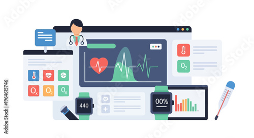 Healthcare Technology: Digital Health Monitoring Dashboard & Wearable Devices with Doctor Avatar. Remote Patient Care and Medical Data Analysis Concept.