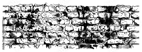 Brick wall texture with weathered cracks and grunge elements in vintage engraving style