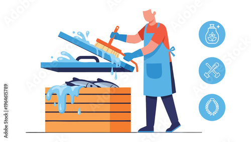 Hygiene in the Seafood Industry: An illustration depicting a worker meticulously cleaning a container of fresh fish with a scrub brush and soap bubbles, emphasizing hygiene and food safety.