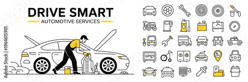 A mechanic working under the hood of a car with various automotive service icons