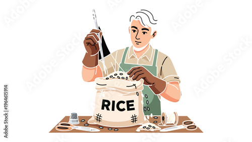 Artisan's Precision: A craftsman meticulously stitches up a bag of rice, showcasing his dedication to his craft and the value of handcrafted goods.