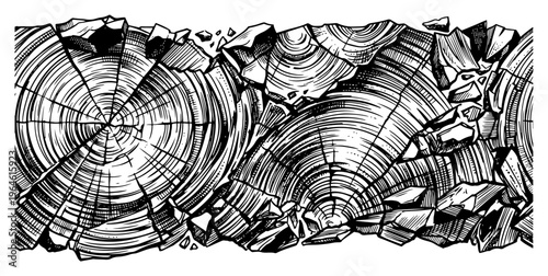 Wooden log cross section showing growth rings and cracks in hand drawn woodcut style