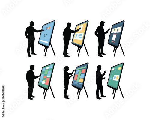 Eight Black Silhouettes of People Interacting with Interactive Touchscreen Showing Colorful Charts and on a White Background