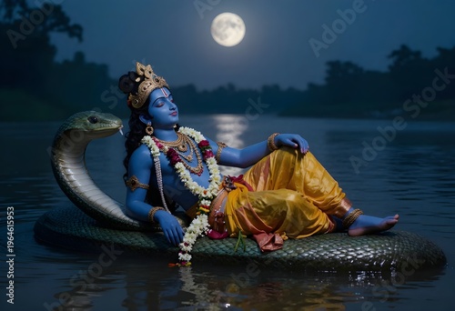 Serene hindu god vishnu reclines on the cosmic serpent shesha during a moonlit night, floating on water in a mystical and tranquil scene