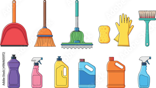 Cleaning tools and supplies set household equipment collection with broom mop gloves spray bottles and detergents vector illustration for home care