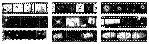 Film strips with distressed scratches and grunge textures in vintage cinematic style