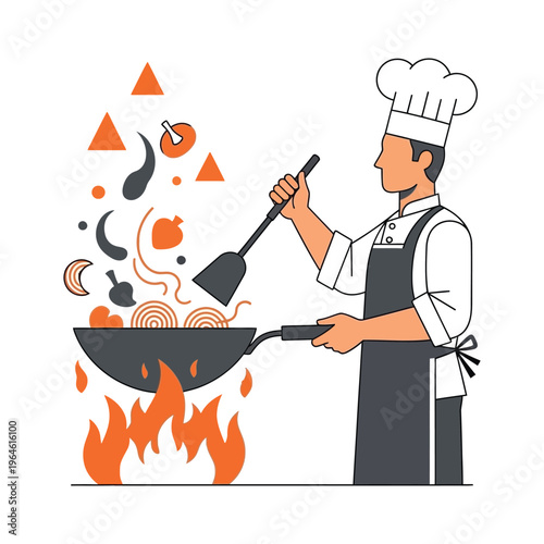 Professional chef cooking food in a wok over fire flat vector illustration