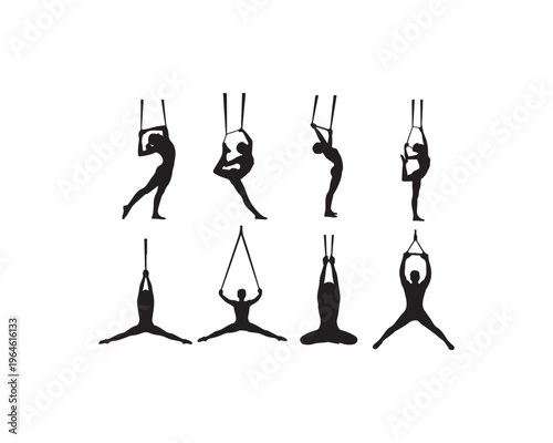 Eight Silhouettes of Women Performing Aerial Yoga Poses Suspended from Fabric Ropes on a White Background