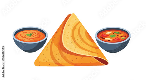 A delicious dosa with two bowls of chutney on a white background