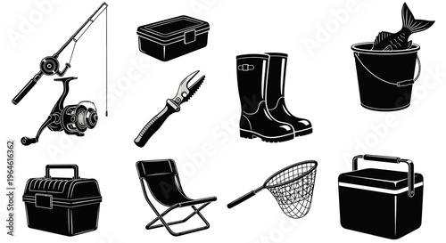 Fishing Gear and Equipment Collection Rod, Reel, Tackle Box, Net, Boots, and More