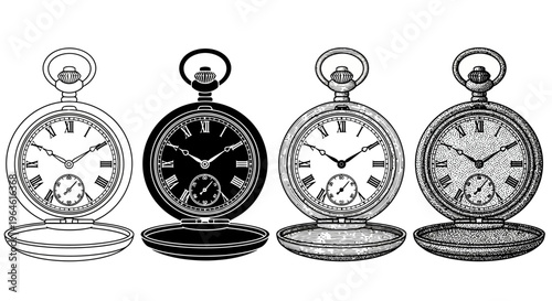 Collection of four exquisitely detailed vintage pocket watch illustrations showcasing timeless elegance and intricate mechanisms in classic monochrome styles