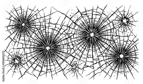 Shattered glass texture with bullet holes and spiderweb cracks in hand drawn sketch style