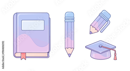 Education And Learning Concept Objects Including Book Pencil Graduation Cap And Pen For School And Study Theme In Pastel Colors