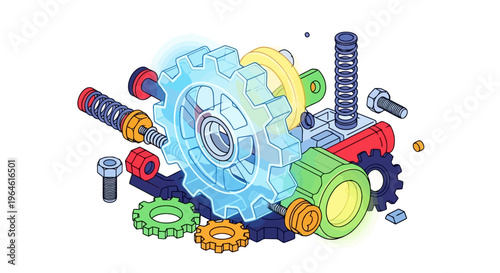 Mechanical Components Assembly Gears Springs Bolts and Bearings for Engineering Design and Manufacturing Processes and Detailed System Schematics
