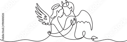 Minimalist One Line Drawing of Angel and Devil Couple Embracing Concept of Forbidden Love and Duality