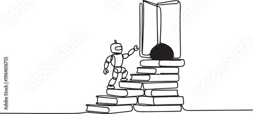 Continuous one line drawing robot climb stairs from the book stack. Towards the wide open door. Metaphor of finding the answers from books. Book festival. One line draw graphic design vector