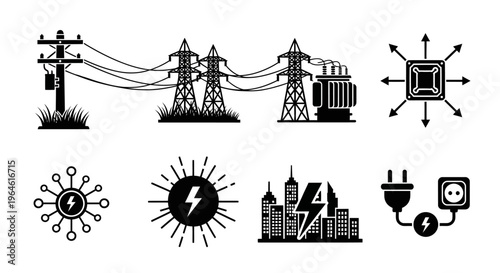 Comprehensive Set of Electrical Power and Energy Supply Vector Icons, Featuring Transmission Lines, Smart Grids, Urban Consumption, and Renewable Sources