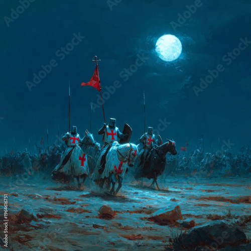 Medieval templar cavalry charging under full moon night battlefield scene