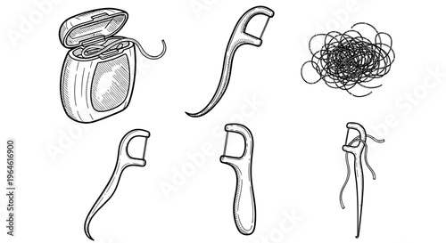 Essential Dental Floss and Floss Picks Collection for Daily Oral Hygiene, Presented as Detailed Monochrome Line Art Illustrations