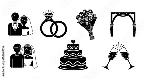 Elegant Wedding Celebration Vector Icons Set - Marriage Ceremony, Party, and Bridal Shower Silhouette Graphics for Event Planning