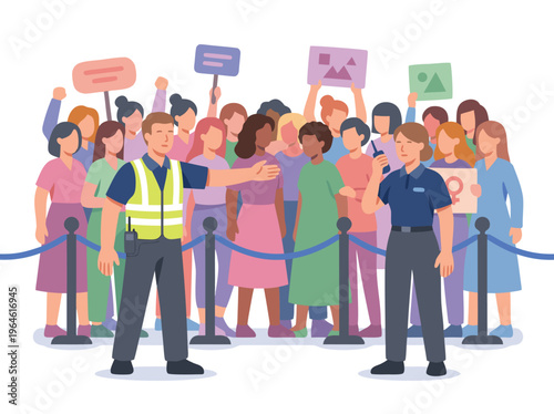 Crowd Control Security Guards Managing a Line of People at an Event.