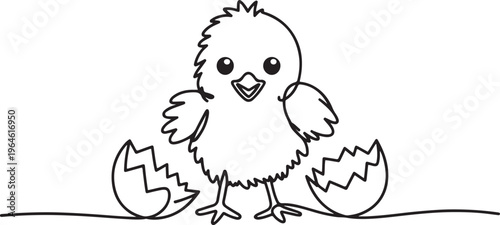 Single Cute Freshly Hatched  Chick with Egg Shell Fragments Smiling and Staring towards camera. One line draw graphic design vector
