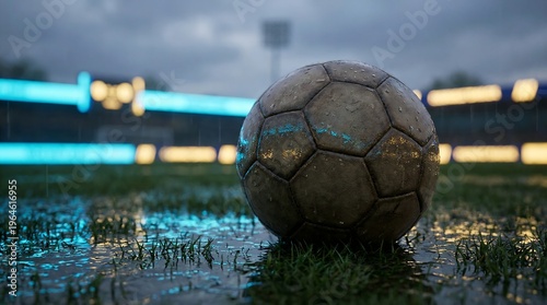 A soccer ball sits on a wet field at dusk with stadium lights on.