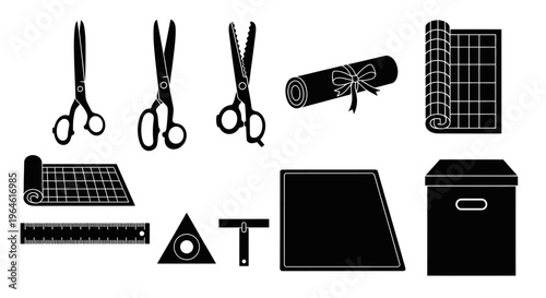 Collection of crafting and sewing tools including scissors, rulers, and fabric rolls