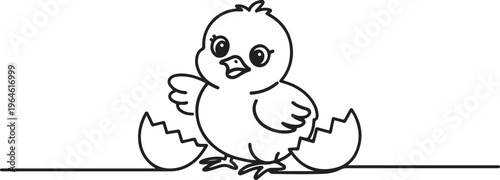 Single Cute Freshly Hatched  Chick with Egg Shell Fragments Smiling and Staring towards camera. One line draw graphic design vector