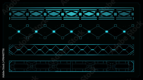 Geometric teal patterns arranged in horizontal bands on a dark background