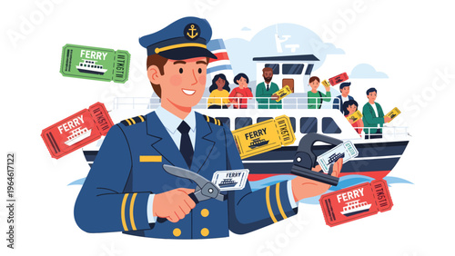Ticket to Adventure: A ferry captain, poised with a ticket punch, oversees the seamless boarding process for eager passengers, tickets and sea in foreground.