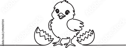 Single Cute Freshly Hatched  Chick with Egg Shell Fragments Smiling and Staring towards camera. One line draw graphic design vector