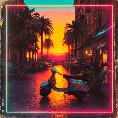 Neon framed tropical street with scooter at sunset coastal city
