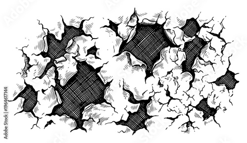 Cracked wall with peeling plaster and jagged edges in detailed hand drawn engraving style