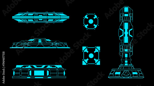 Blueprint style rendering of futuristic spacecraft and structural components