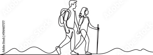 Continuous one line drawing couples hiking man woman traveling in outdoor. One line draw graphic design vector