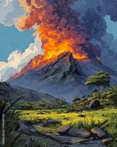 Erupting volcano landscape with lava and smoke in tropical valley
