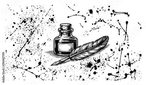 Quill pen and inkwell bottle with ink splatters in classic vintage engraving style