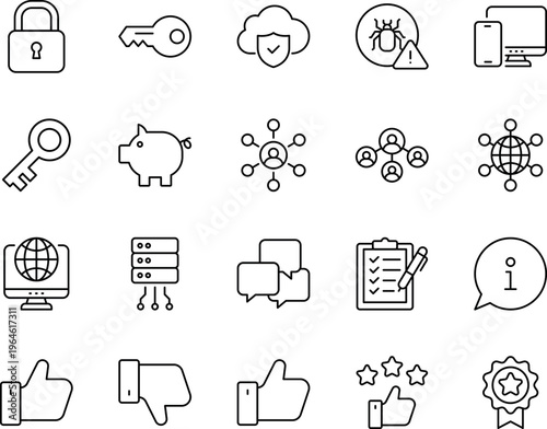 Business technology security communication line vector icon set lock key piggy bank server chat thumbsup