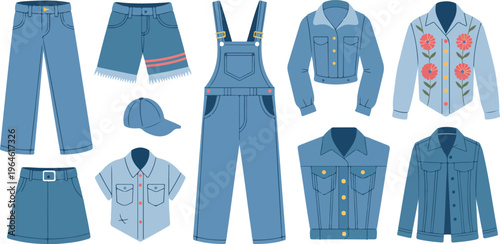 Jeans clothes vector set featuring ripped denim casual fashion with cartoon jean jackets, pants, shorts, skirts, dresses and trendy outfits