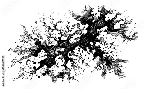 Cracked earth ground with deep fissures in hand drawn engraving style