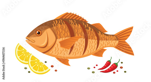 A vibrant orange fish with lemon slices and chili peppers on a white background