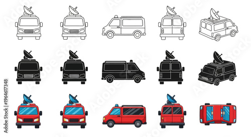 Set of stylized satellite news van illustrations in various perspectives